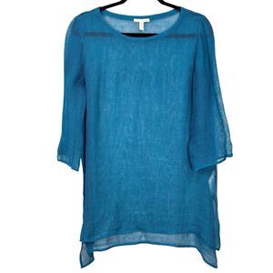 Eileen Fisher Organic Linen Slub Mesh Tunic Boat Neck Top Womens Small Blue